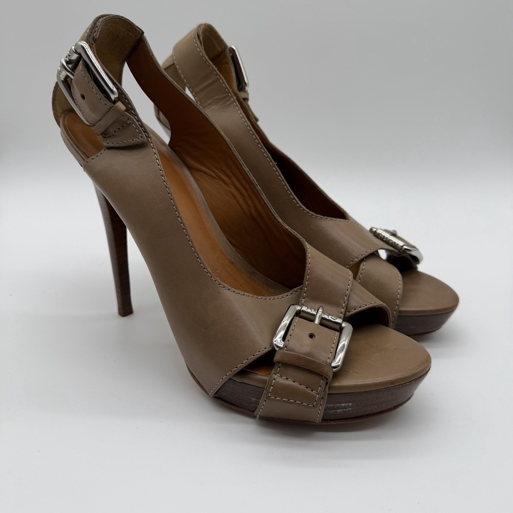 KORS Michael Kors Women's Leather Peep Toe Platform Heel Stiletto Brown 10